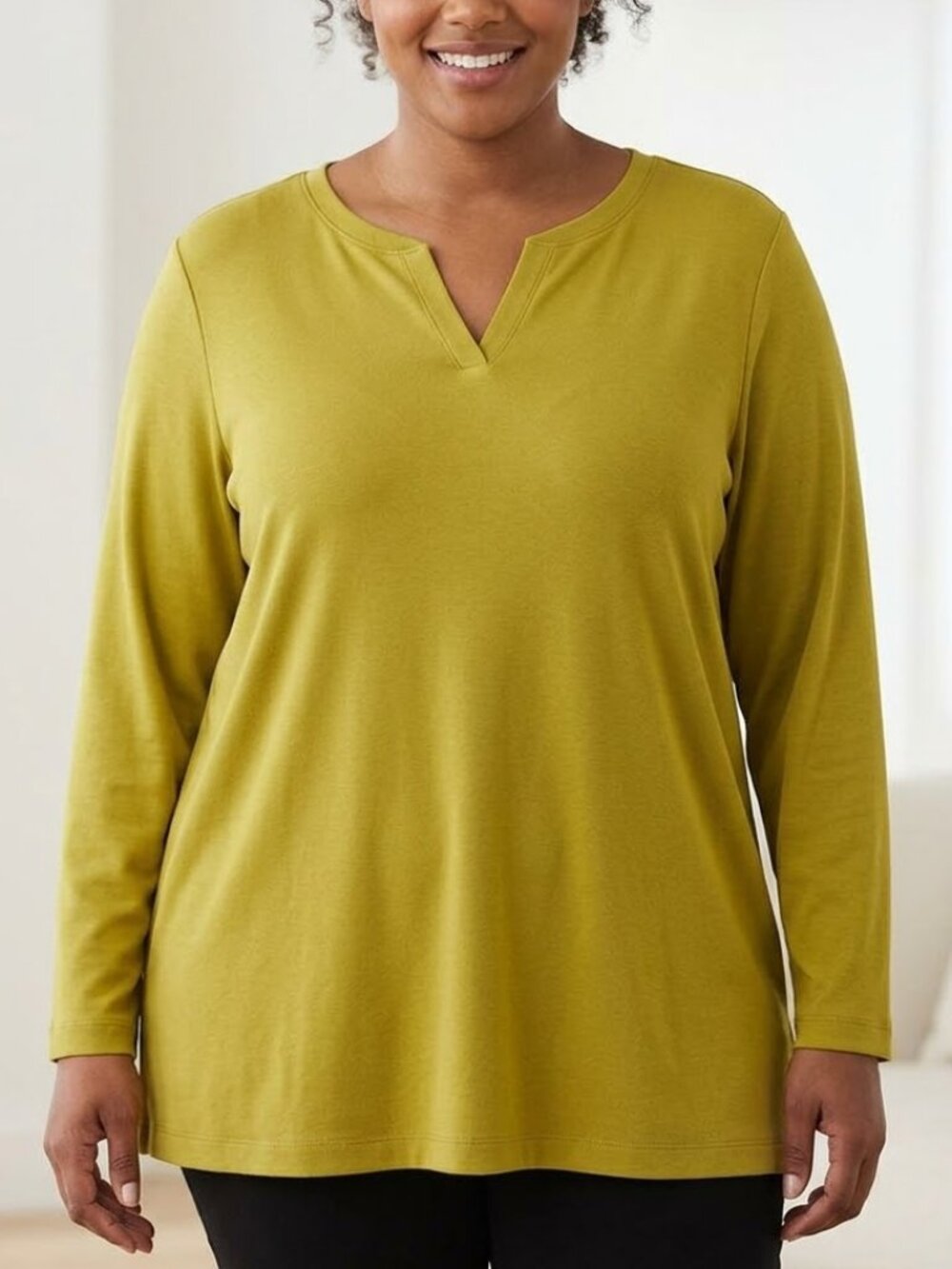 Denim & Co Essentials Notch Neck Long Sleeve Chartreuse Sweater Plus Sz 3X Cozy